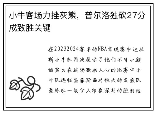 小牛客场力挫灰熊，普尔洛独砍27分成致胜关键